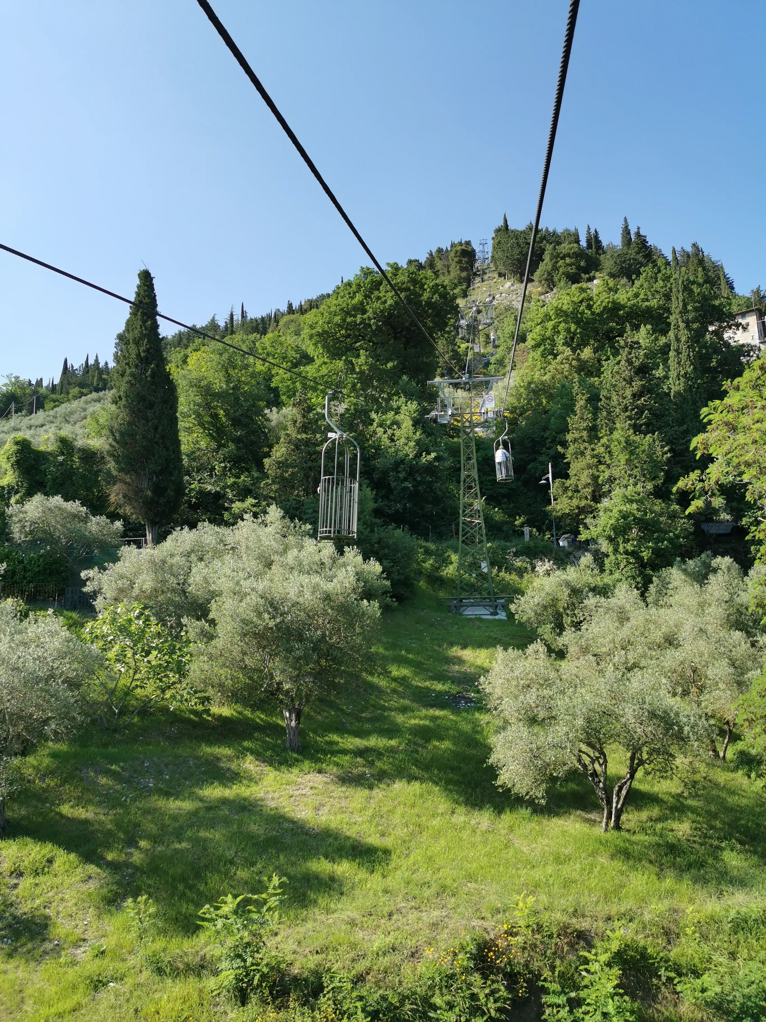 Open basket cabins of Gubbio’s cable car ascending the wooded slope of Mount Ingino