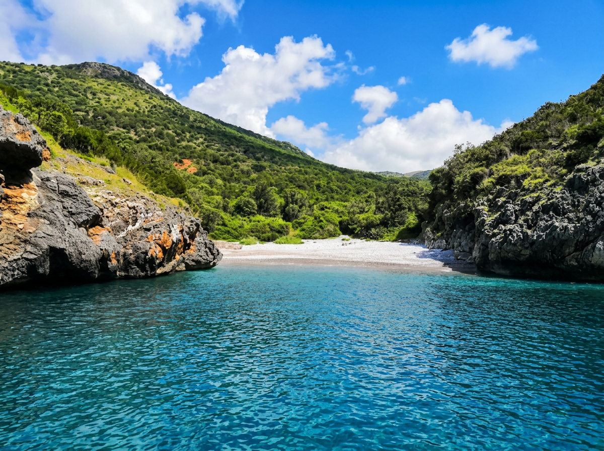 Cala Bianca near Marina di Camerota with white pebbles, turquoise water and wild Cilento cliffs