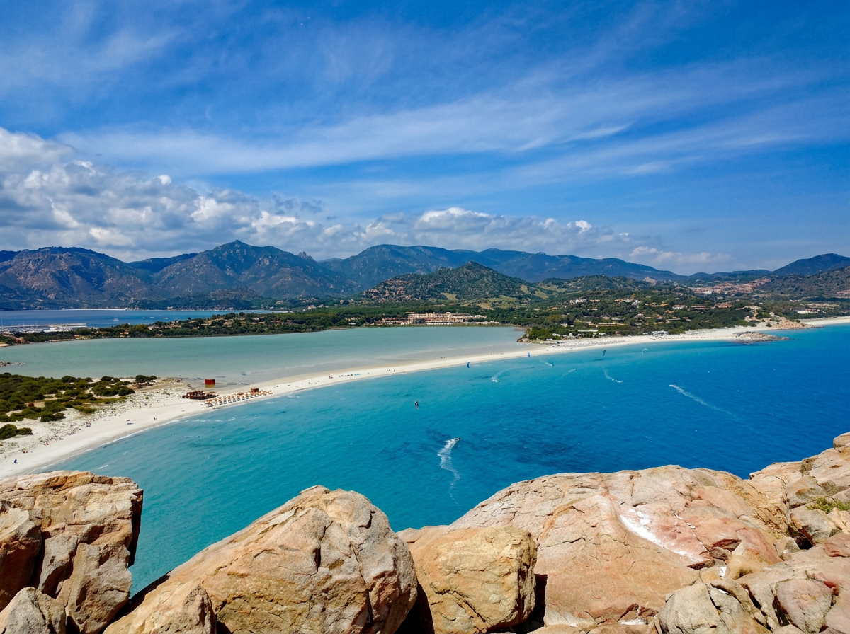 Panoramic view of Porto Giunco in Sardinia with turquoise water, a long white sandy beach and the Notteri lagoon behind it.