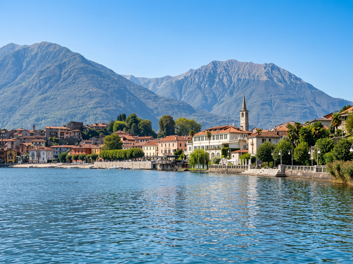 Mergozzo village beside the lake, with colourful waterfront buildings, a church tower and mountains in Piemonte, Italy.