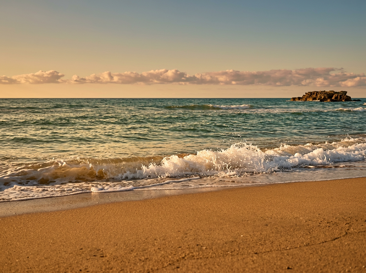 Waves washing onto a sandy beach in warm sunlight, with rocks offshore