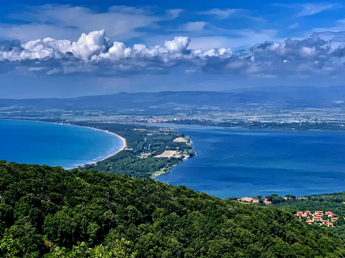 Panoramic view of La Feniglia beach and the Orbetello Lagoon near Monte Argentario, Tuscany