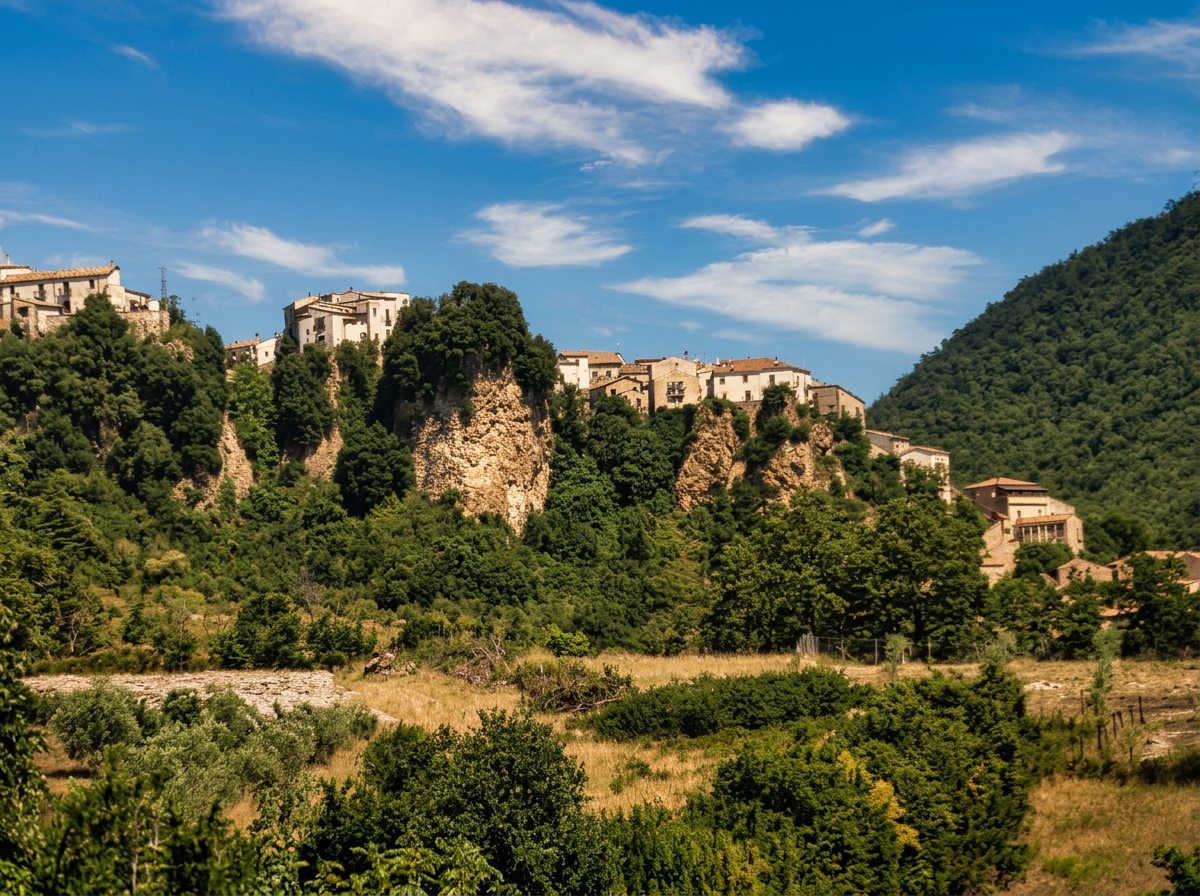 Stone houses perched above rocky cliffs and wooded slopes in inland Molise