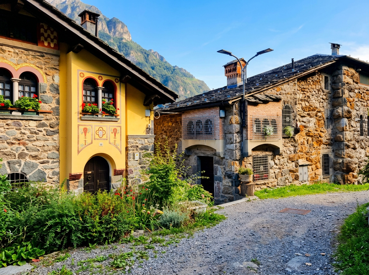 Stone houses with flower boxes in Gromo, Lombardy.
