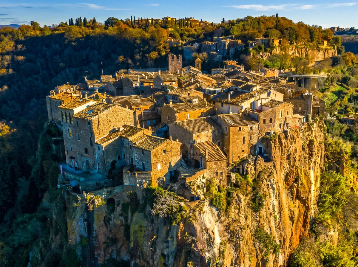 Stone houses on the wooded cliffs of Calcata Vecchia in Lazio.