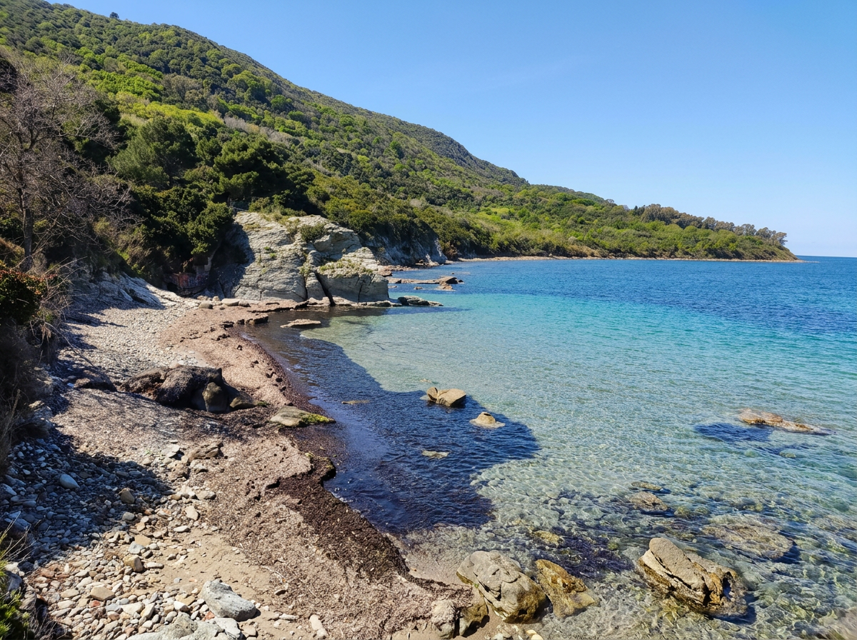 Spiaggia di Trentova near Agropoli with clear blue water and green coastal hills in Campania, Italy