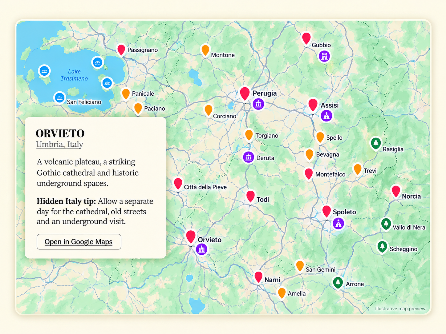 Illustrative Umbria map preview with many coloured destination pins and a fully visible Orvieto information card.