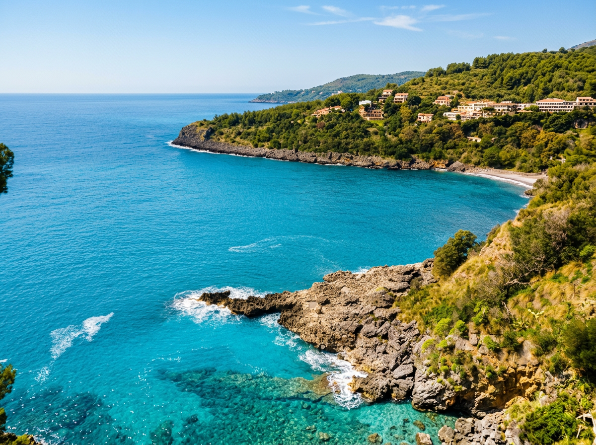 Turquoise coastal bay with a small beach, rocky shoreline and wooded hills.
