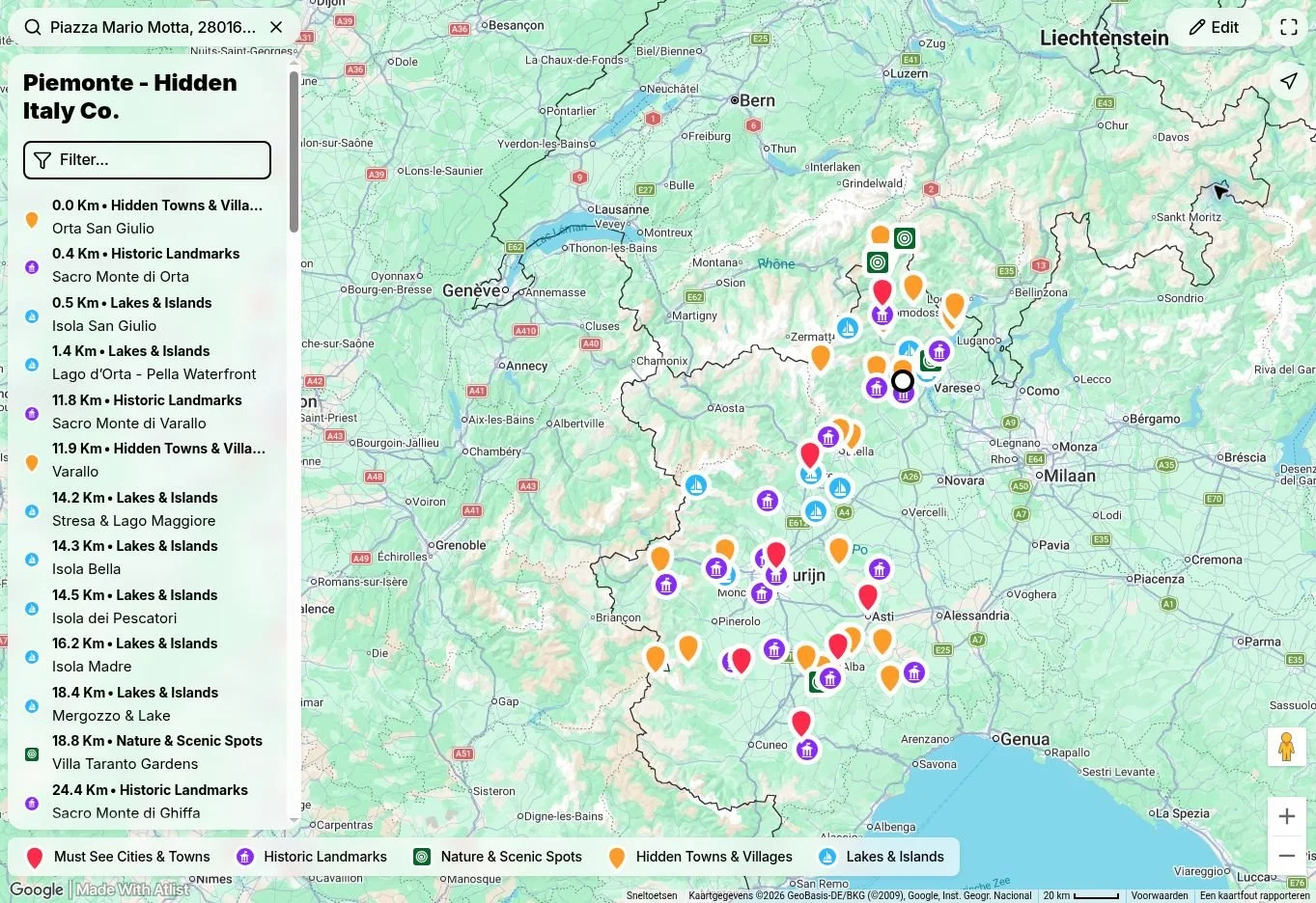 Nearby Piemonte destinations and distances from Orta San Giulio on the interactive travel map