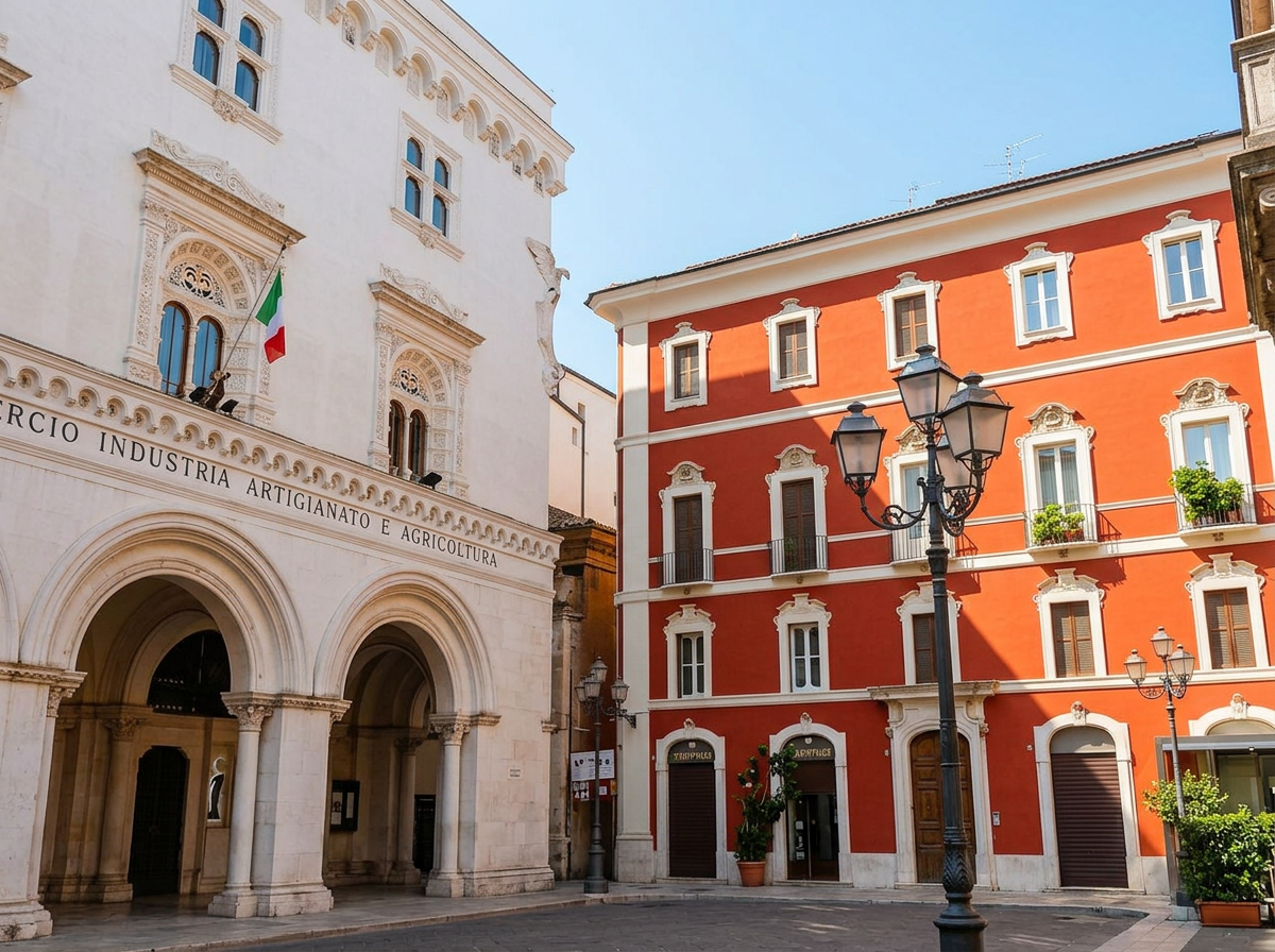 Historic buildings along a street in Chieti, Abruzzo.
