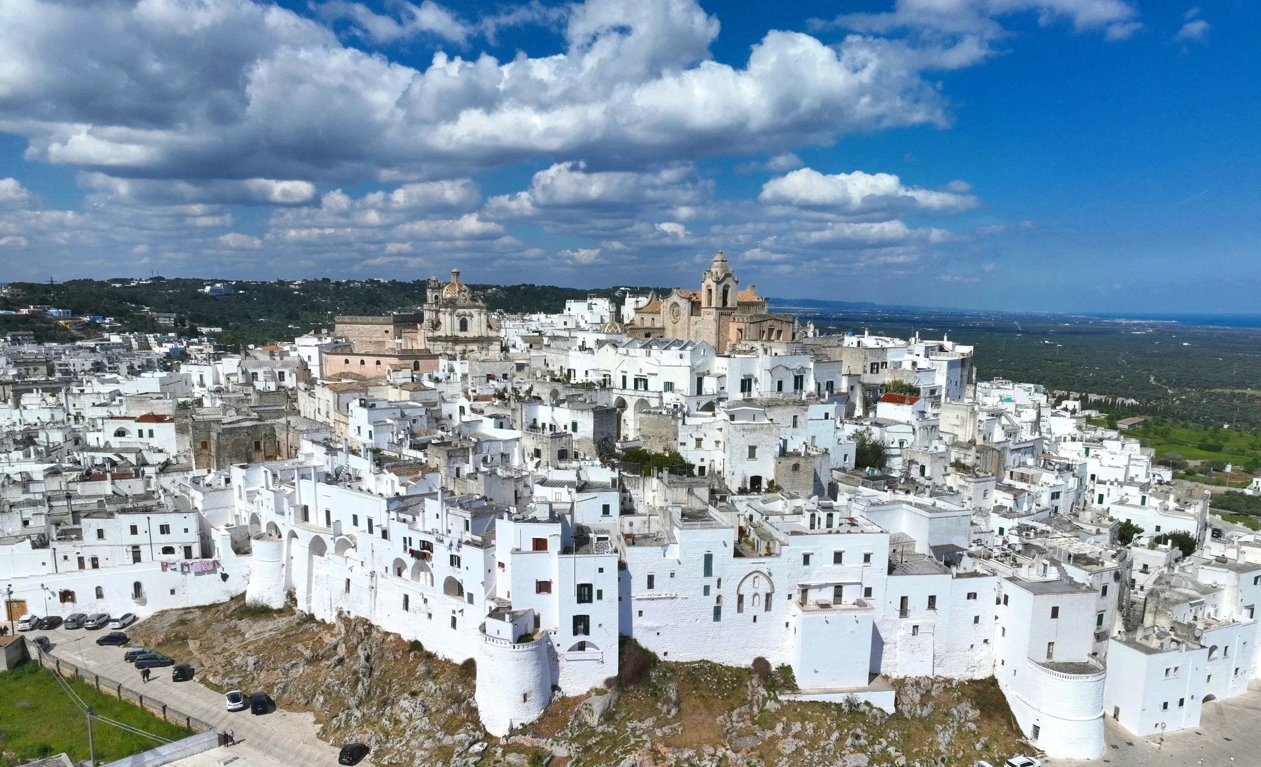 Panoramic view of the whitewashed hilltop town of Ostuni in Puglia, Italy