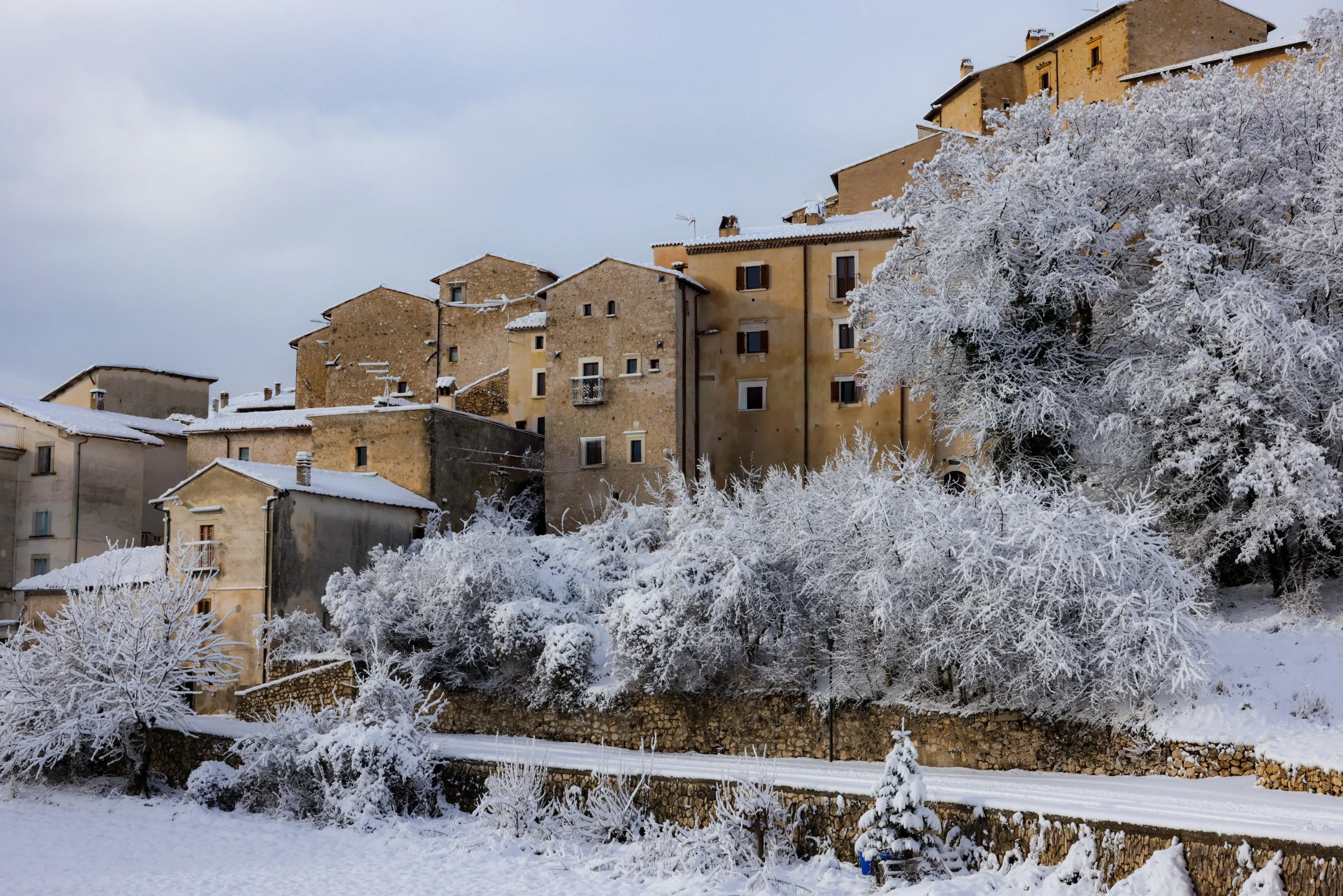 Snow-covered mountain landscape in Abruzzo, Italy