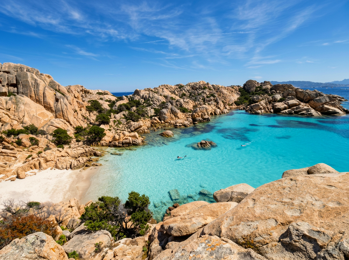Cala Coticcio on Caprera Island in Sardinia, with crystal-clear turquoise water, a small sandy cove and rugged granite rocks