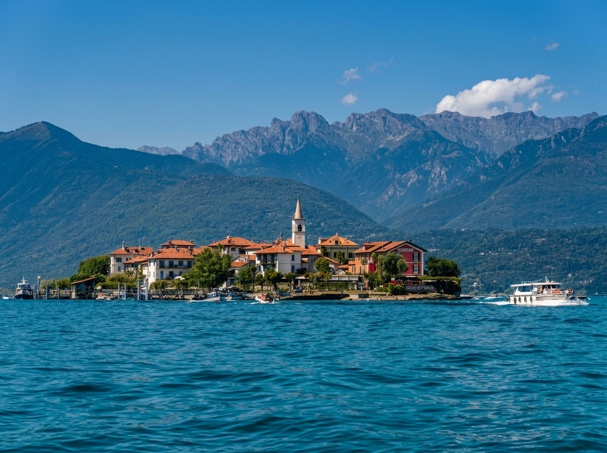 Isola dei Pescatori on Lake Maggiore, with terracotta rooftops, a church tower and boats against a mountain backdrop, Piemonte, Italy.