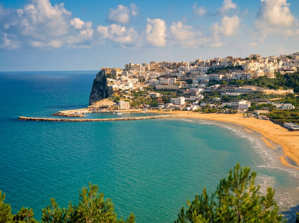 White houses in Peschici overlooking a sandy bay on the Gargano coast.