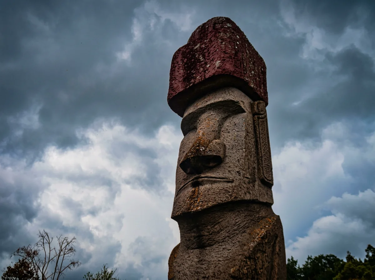 Stone Moai statue with a red topknot beneath a cloudy sky in Vitorchiano.