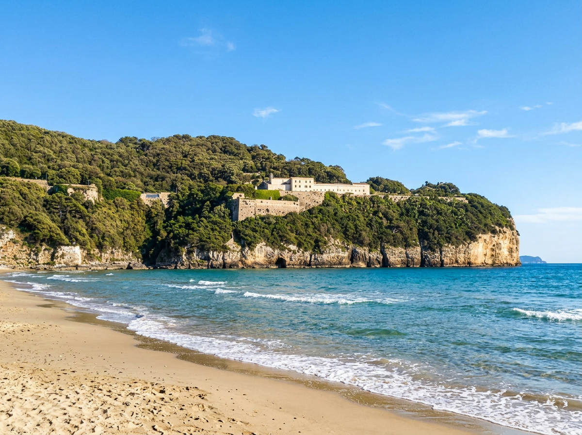 Serapo Beach in Gaeta with golden sand, blue Mediterranean water and the green cliffs of Monte Orlando in Lazio, Italy