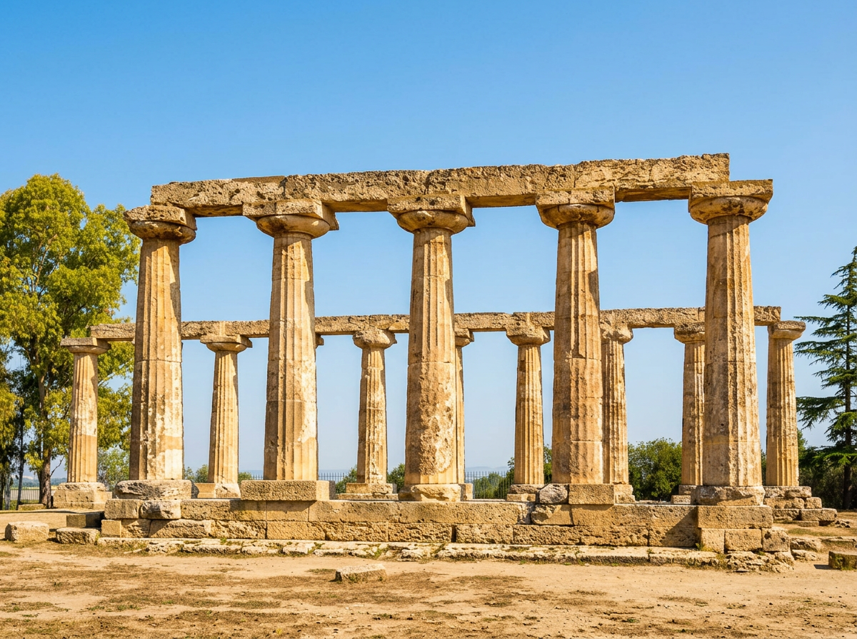 Doric columns of the Tavole Palatine, the ancient Temple of Hera near Metaponto in Basilicata.