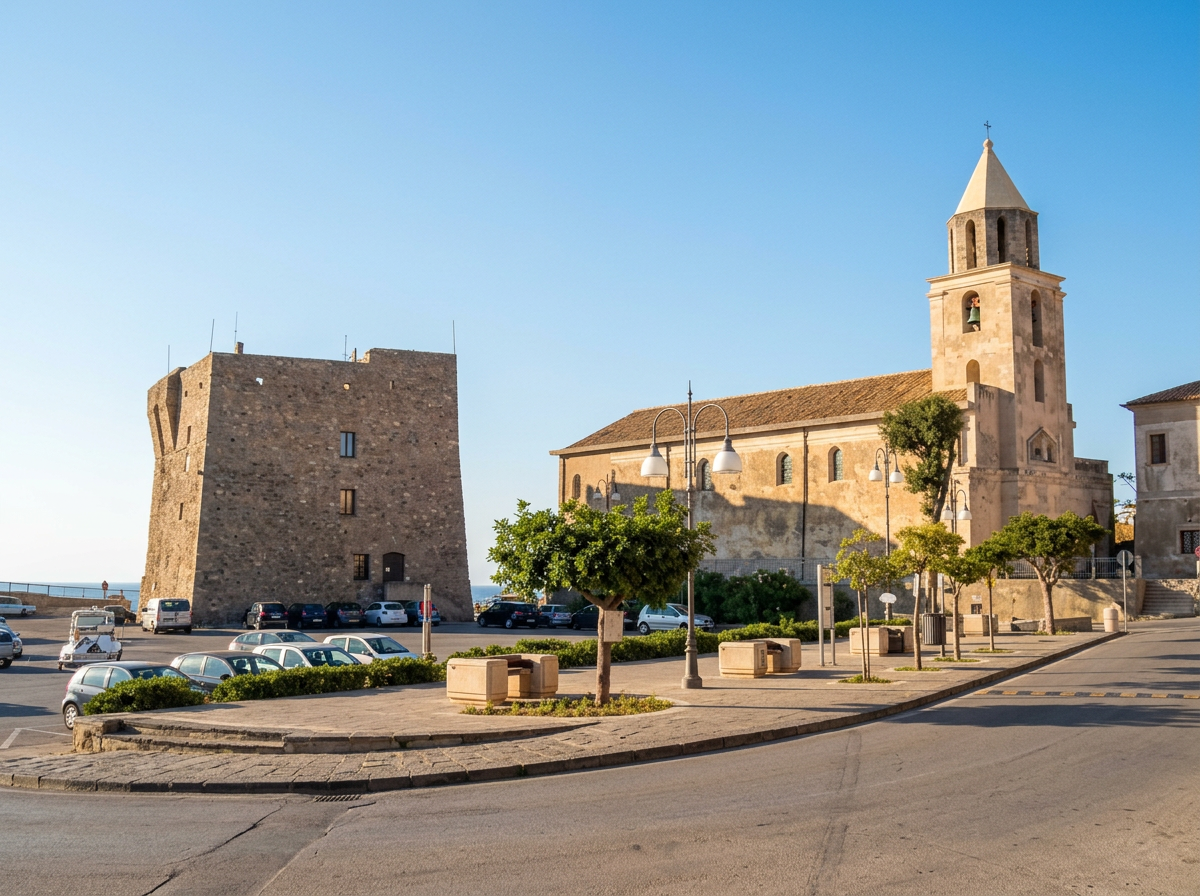 Church of the Annunziata and stone watchtower beside the waterfront in Acciaroli, Cilento.