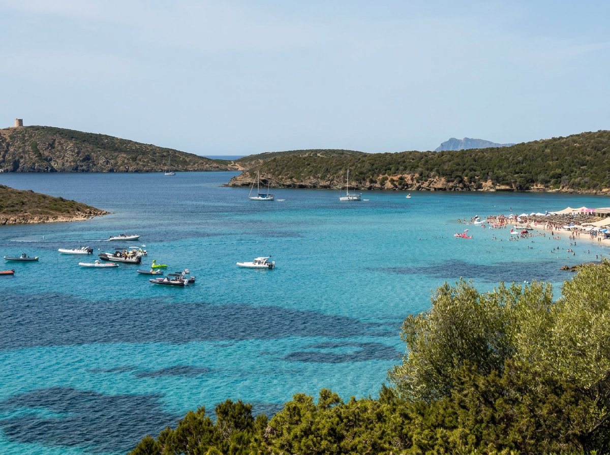Panoramic view of turquoise water, anchored boats and Tuerredda Beach surrounded by Mediterranean hills in southern Sardinia