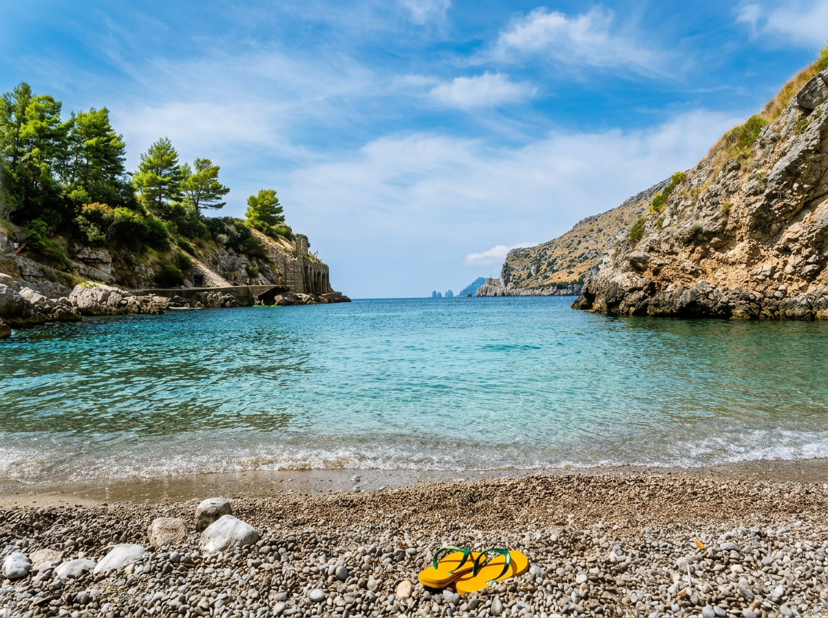 Baia di Ieranto with clear turquoise water, a small pebble beach and rocky cliffs on the Sorrento Peninsula, Campania