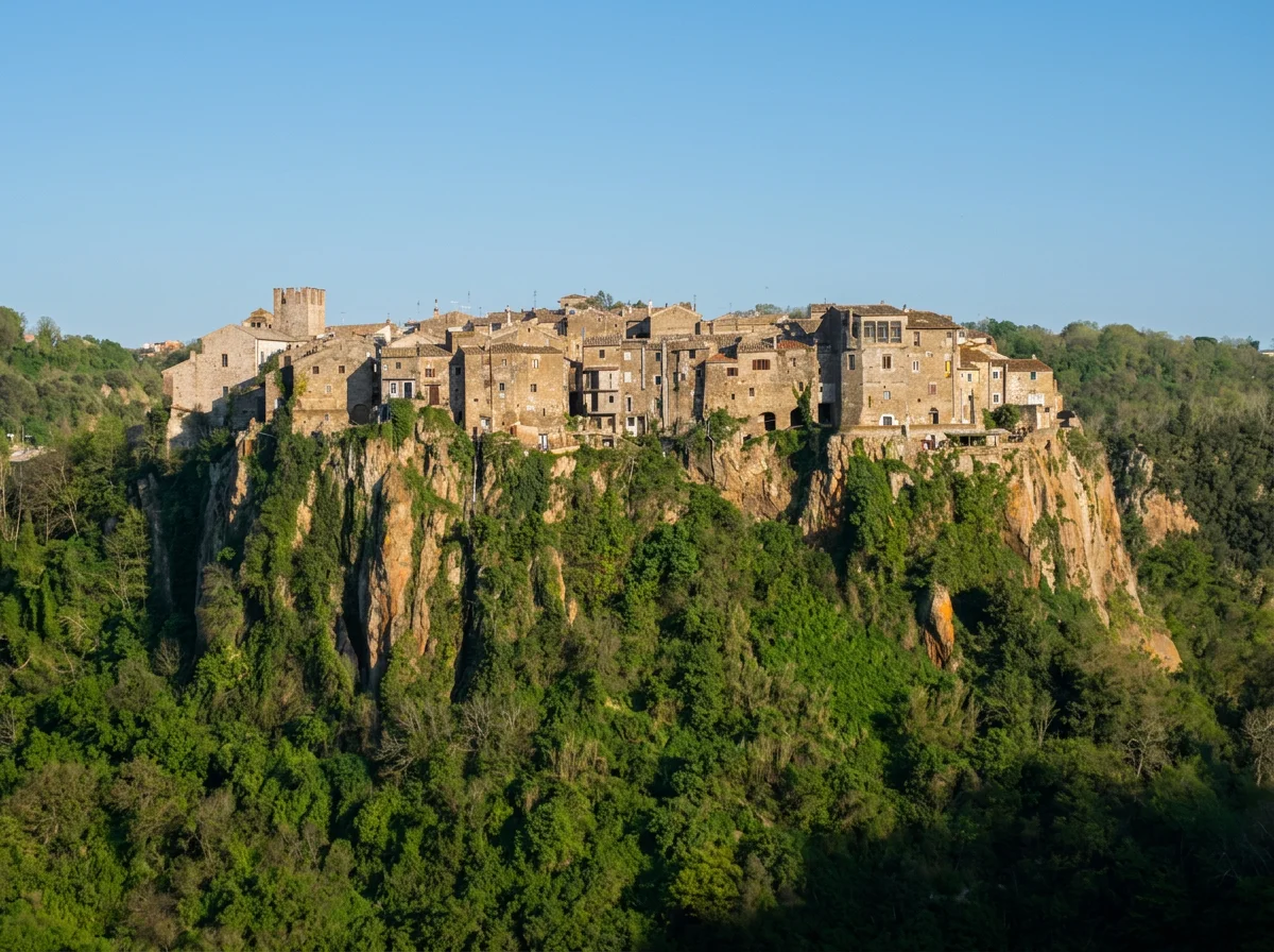 The stone houses of Calcata Vecchia perched on a tuff cliff above the wooded Treja Valley.