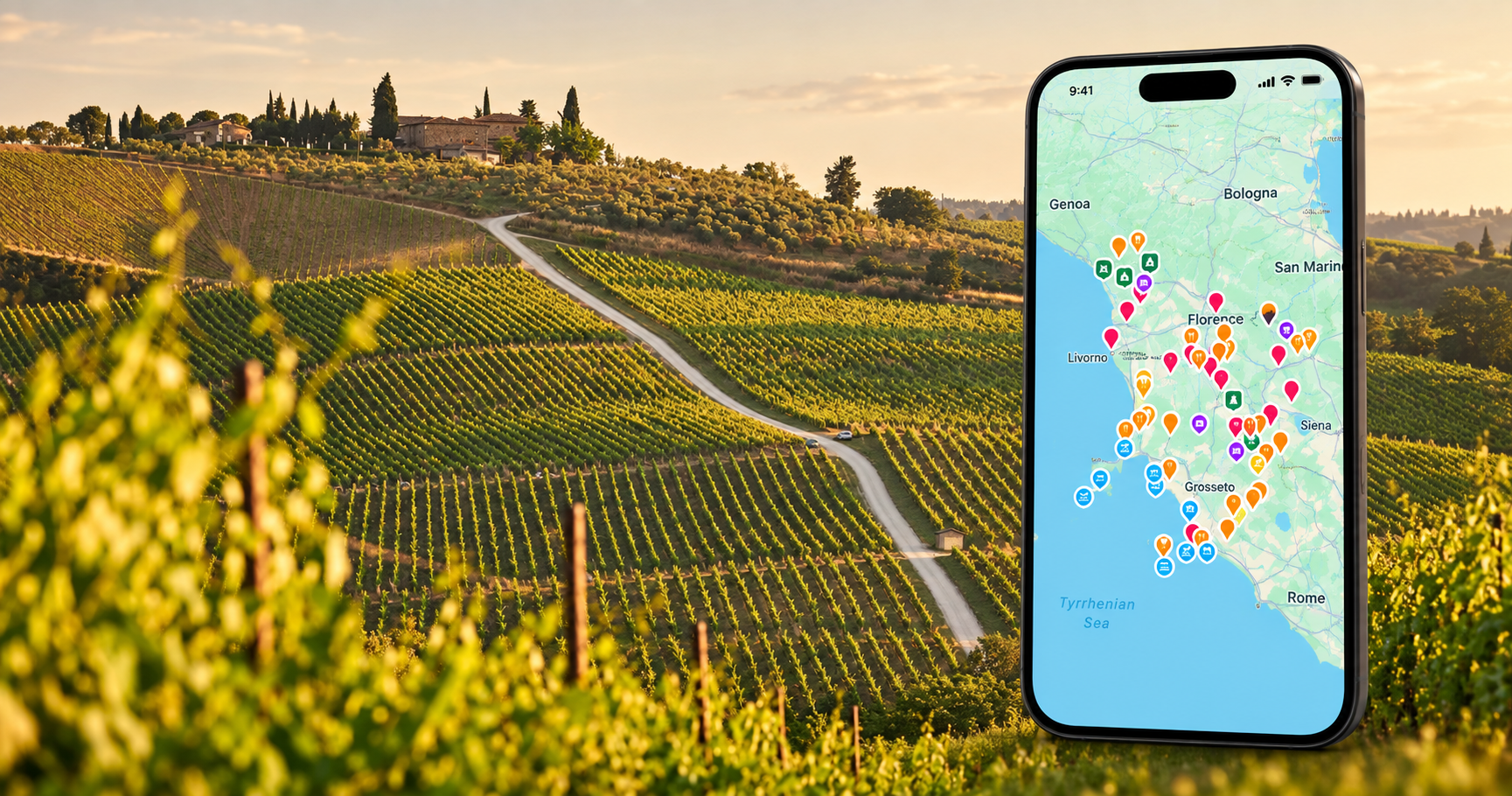 Hidden Italy’s Tuscany travel map on a smartphone against a backdrop of vineyards and rolling hills at sunset.