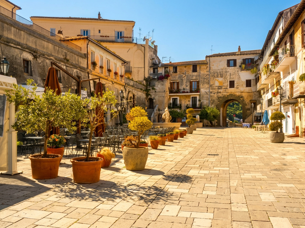 Potted plants and outdoor seating in the historic centre of San Felice Circeo.
