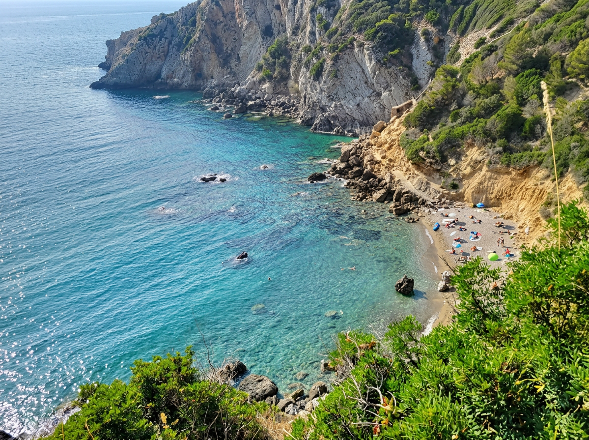 Cala del Gesso on Monte Argentario, with crystal-clear turquoise water and a secluded pebble beach beneath rocky cliffs.