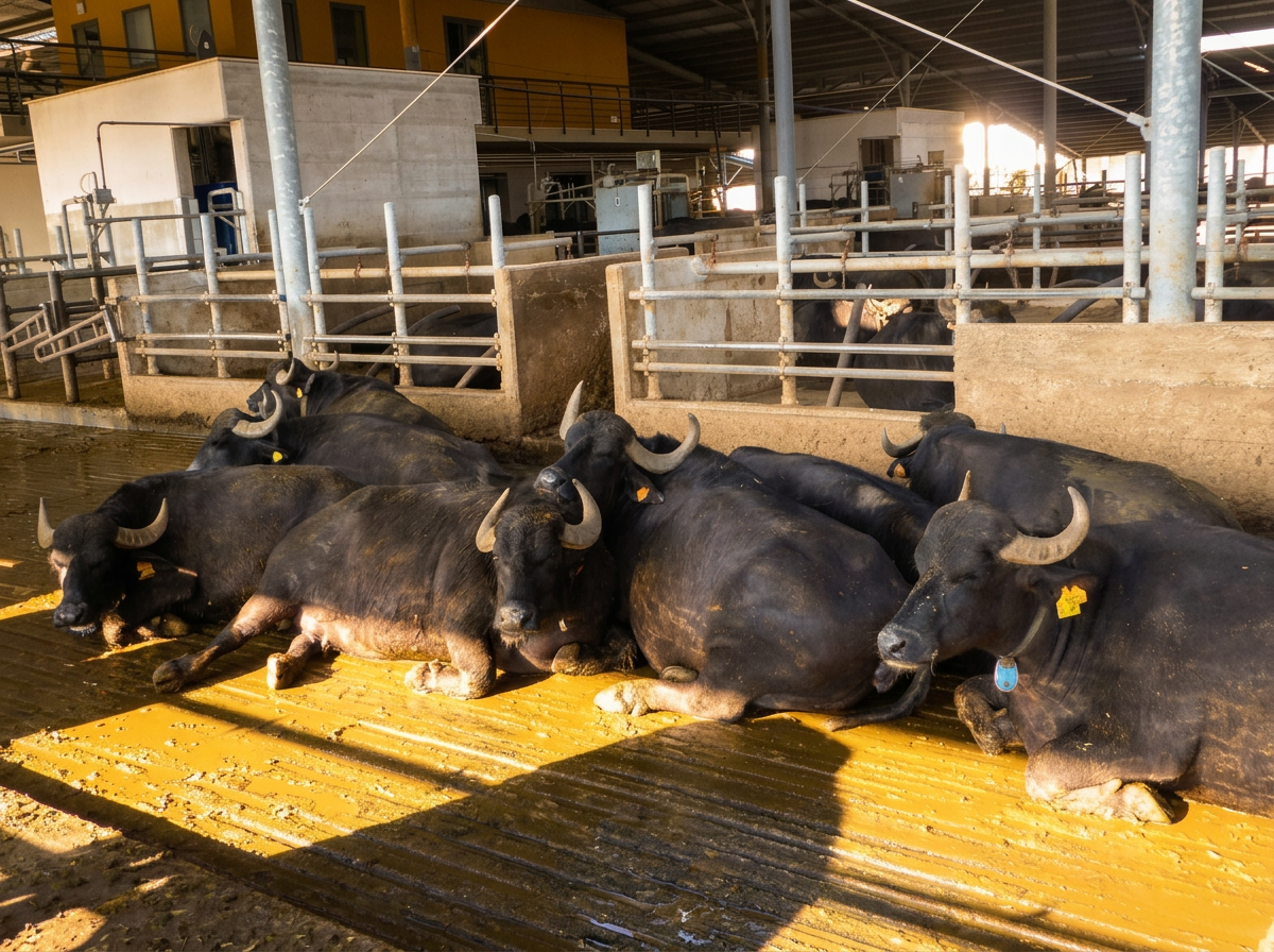 Water buffalo resting inside a dairy barn, with feeding stalls and metal railings behind them.