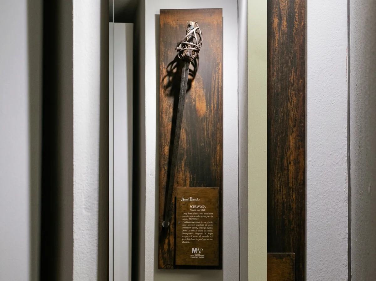 A decorated historic weapon mounted in a museum display case.