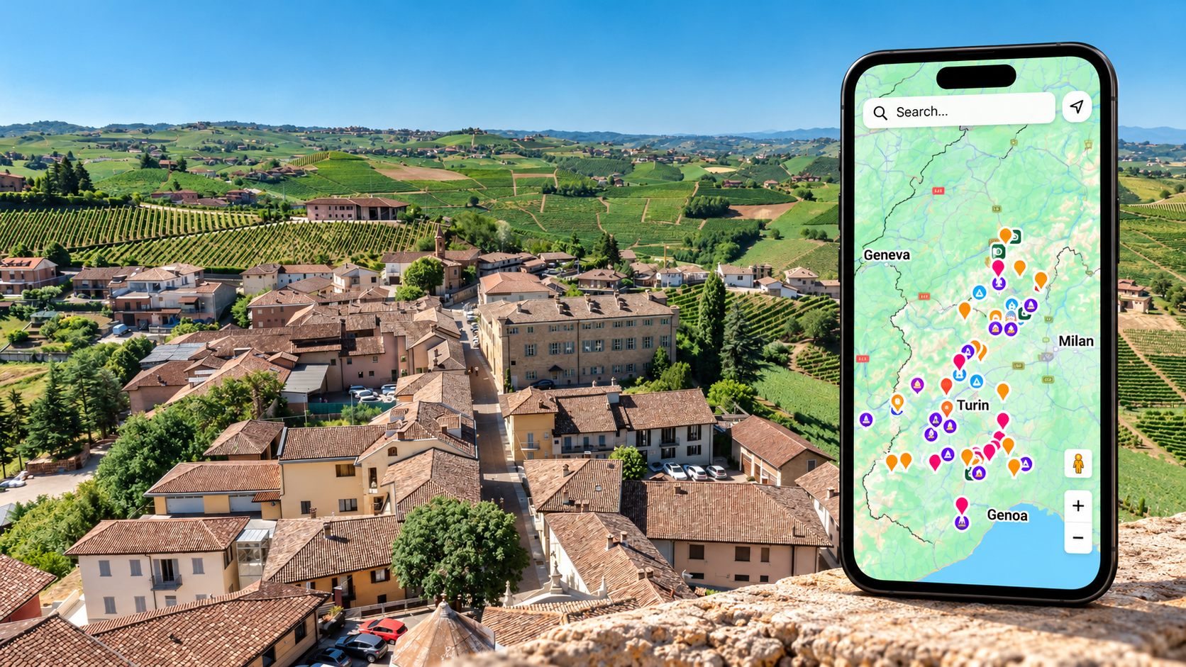 Piemonte travel map on a smartphone overlooking a village and vineyards