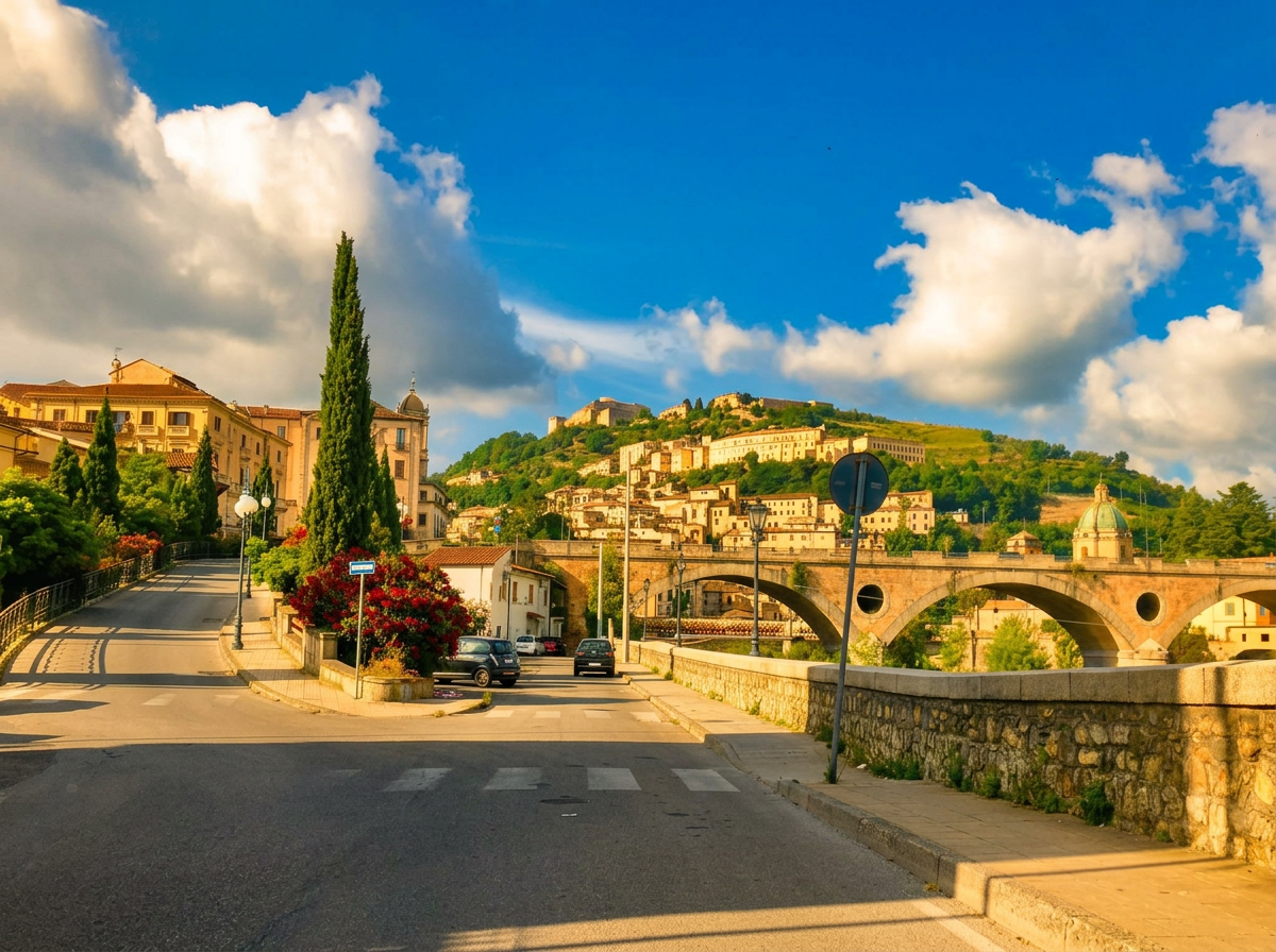 Colourful buildings and a bridge beneath the hills of Cosenza.