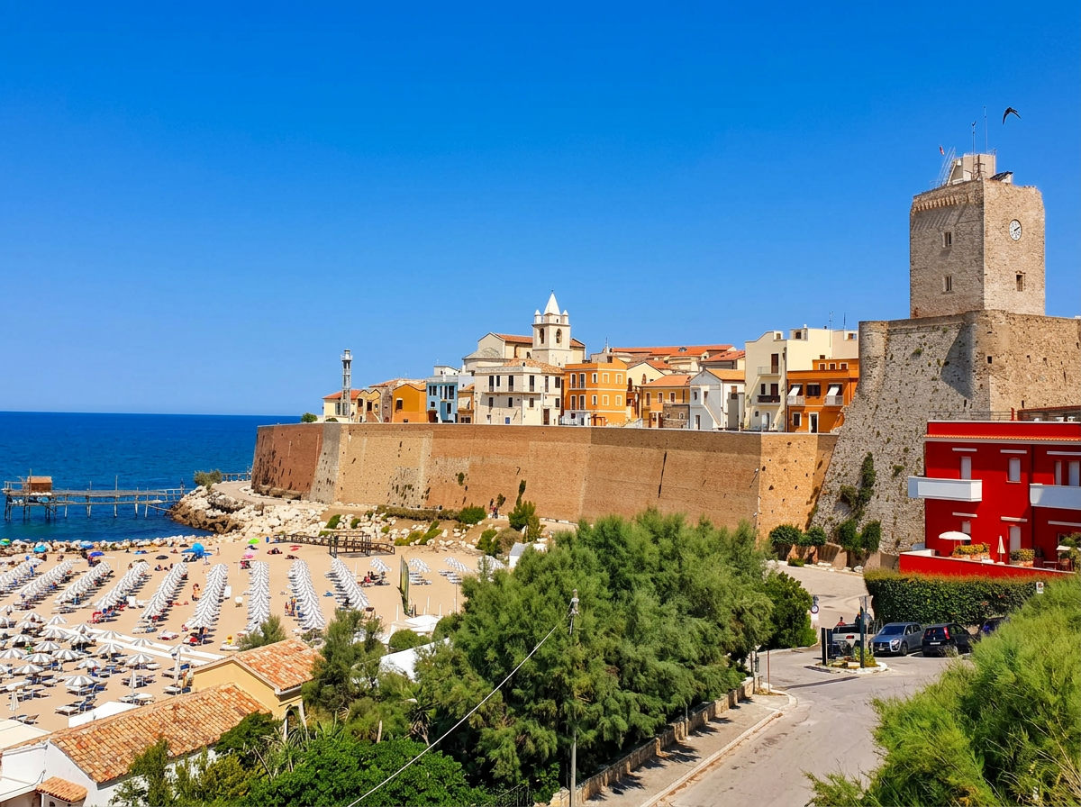 Termoli old town and fortified walls above the Adriatic beach.