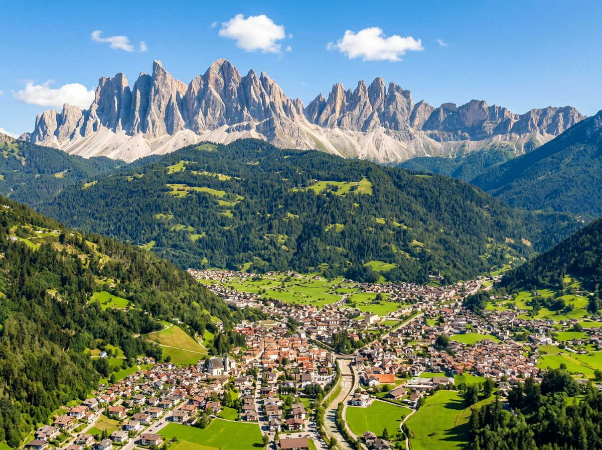 Mezzano village surrounded by green hills and Dolomite peaks.