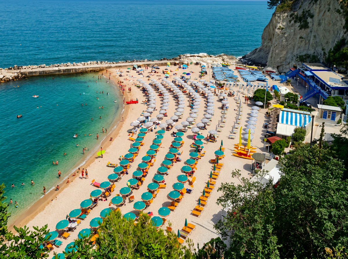 Crescent-shaped Spiaggia Urbani with turquoise water and rows of parasols beneath the cliffs of Sirolo, Le Marche, Italy.