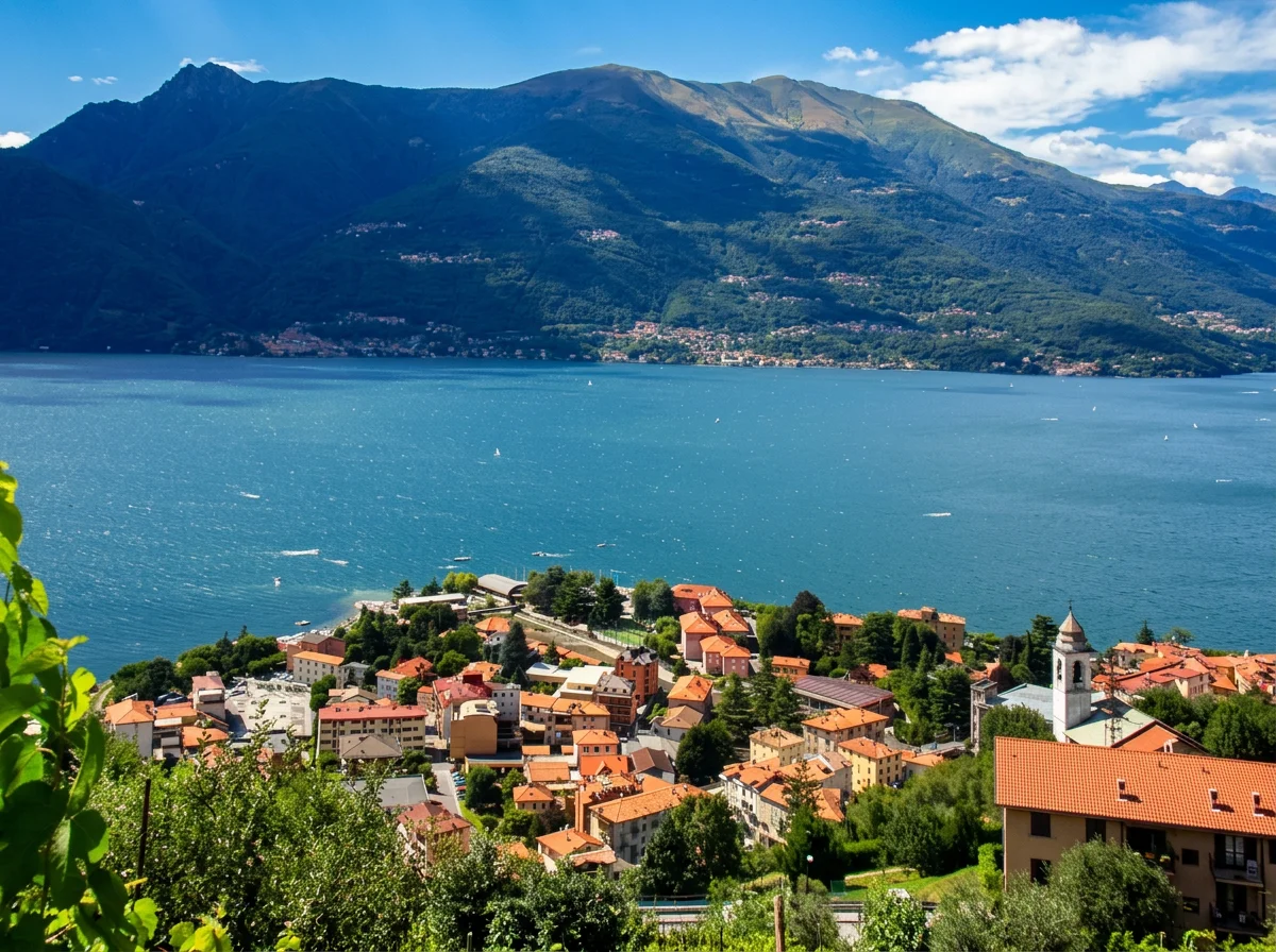 Bellano’s terracotta rooftops and church towers overlooking Lake Como and the mountains beyond.