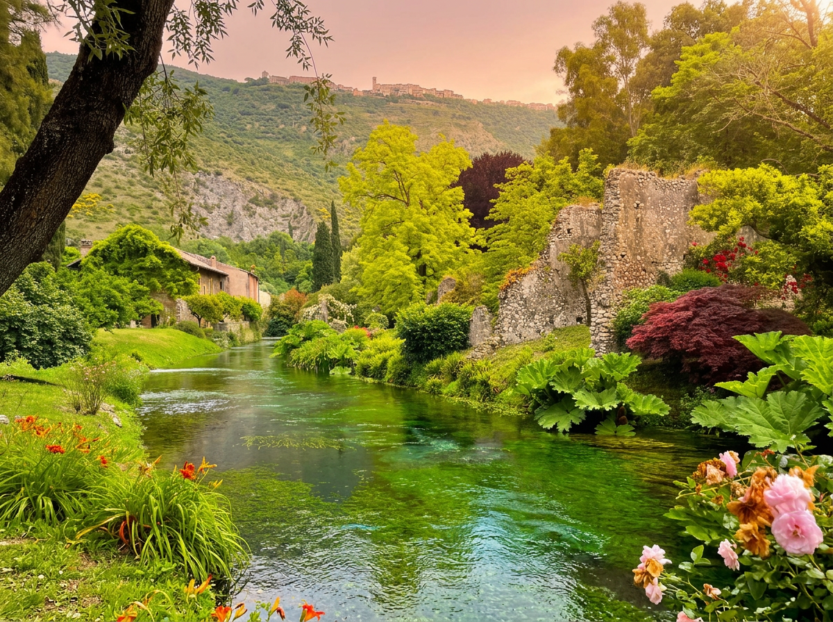 Streams, gardens and medieval ruins at Giardino di Ninfa in Lazio.