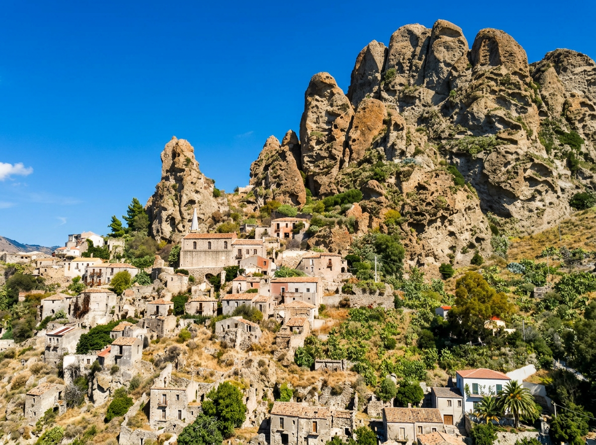 Stone houses beneath the distinctive rock formations of Pentedatillo.