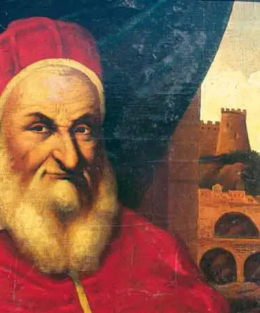 Portrait of Pope Sixtus V in red robes, with Grottammare depicted in the background
