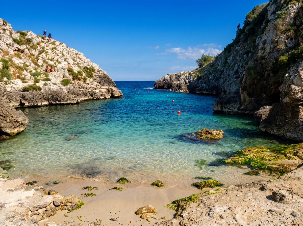 Turquoise water and rocky cliffs at Cala dell’Acquaviva in Puglia, Italy