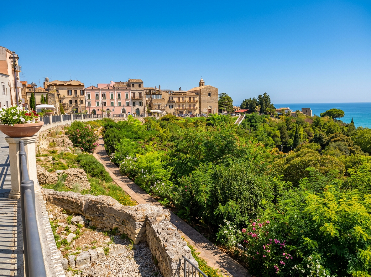 Historic buildings and gardens overlooking the Adriatic Sea from Vasto’s old town, Abruzzo.