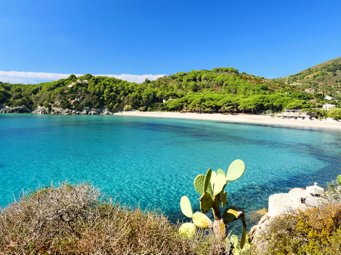 Fetovaia Beach on Elba Island, with turquoise water, anchored boats and a sheltered bay surrounded by green hills