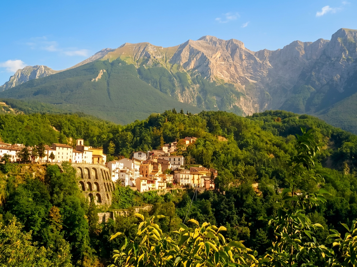 Castelli village beneath the mountain peaks of Abruzzo.