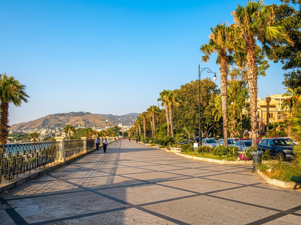 Palm-lined waterfront promenade in Reggio Calabria.