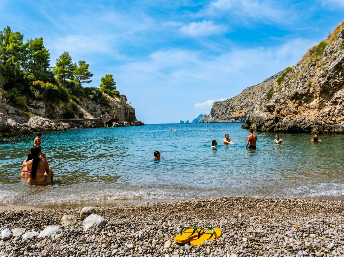 Baia di Ieranto with clear turquoise water and rocky cliffs on the Sorrento Peninsula, Campania