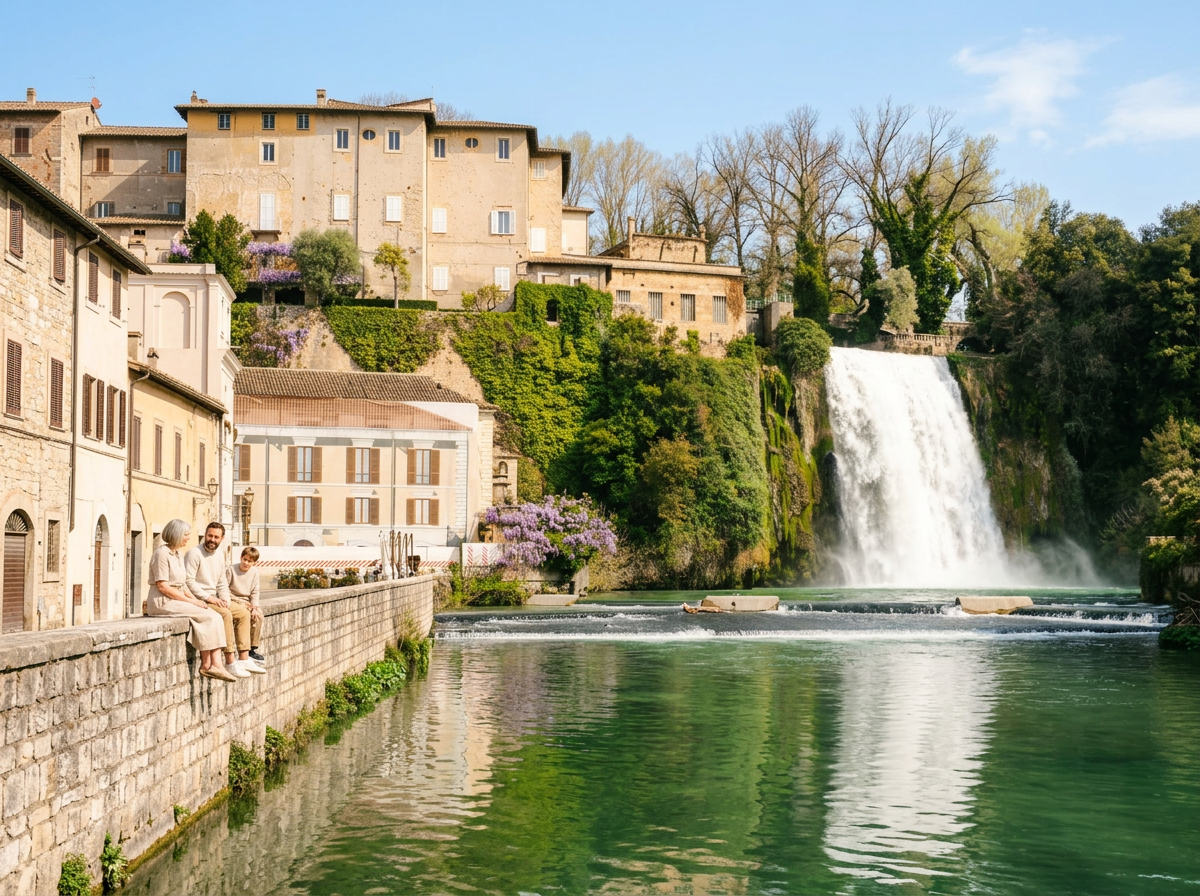 Cascata Grande waterfall flowing through the historic centre of Isola del Liri in Lazio, Italy