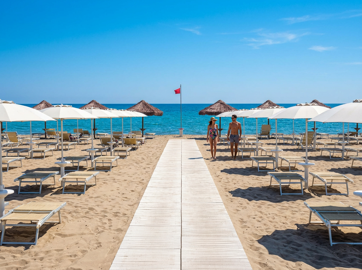 Rows of white parasols and sun loungers beside a boardwalk leading to the sea.