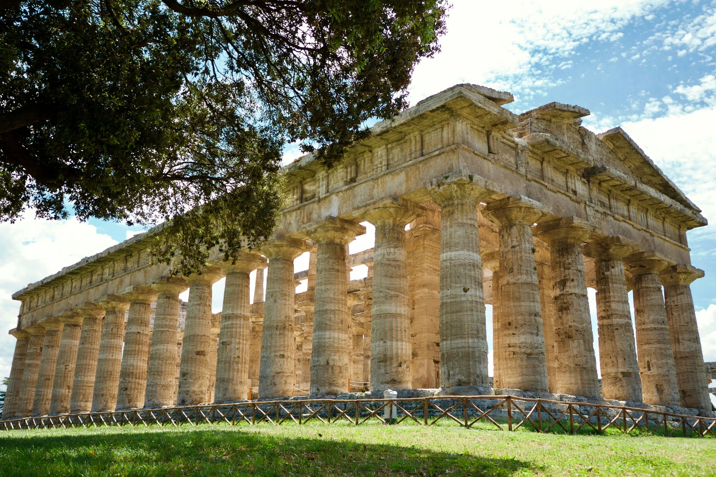 Doric columns of the so-called Temple of Neptune at Paestum, framed by trees and grass.