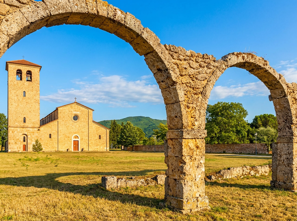 Stone arches and church buildings at the Abbey of San Vincenzo al Volturno.